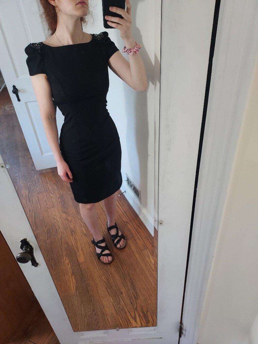 Marina Black Cap Sleeve Bejeweled Shoulder Cocktail Dress